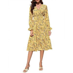 BLUEMING Womens V Neck Long Sleeve Peasant Dress Poet Sleeve Dress Surplice Shirred Waist Tiered Womens Fall Fashion, yellow - M - 1 of 4