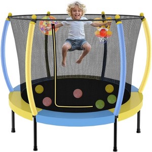 Zevemomo 60" Kids Indoor Trampoline with Safety Net, Basketball Hoop, Dartboard & Ocean Balls, Mini Pumpkin Trampoline for Girls & Boys - 1 of 4