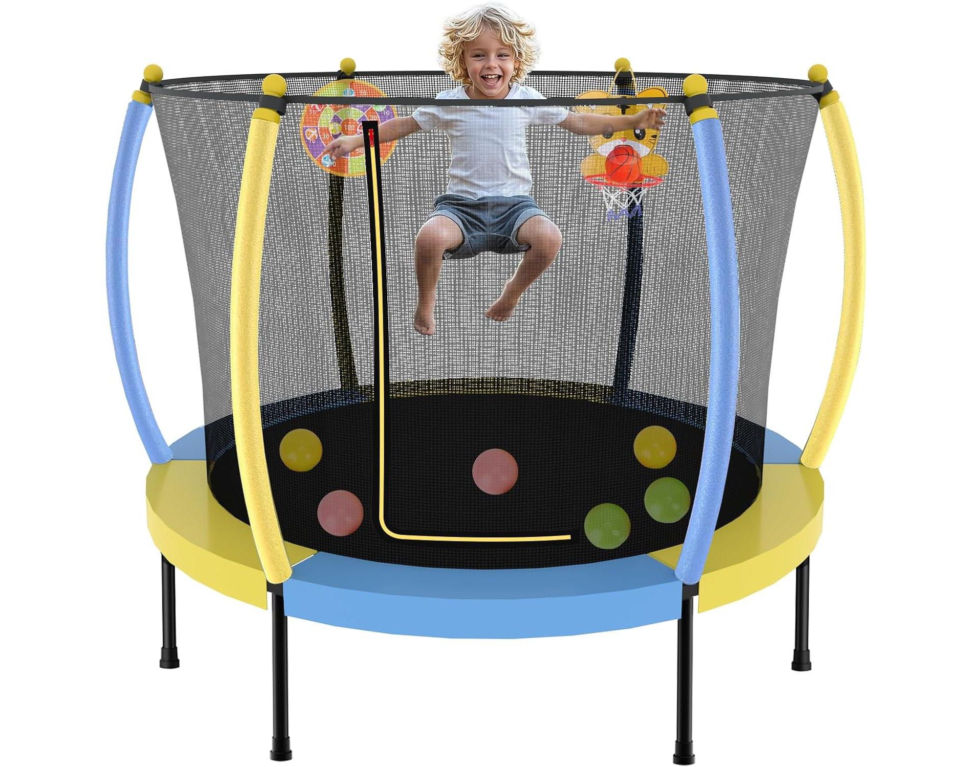 Zevemomo 60" Kids Indoor Trampoline with Safety Net, Basketball Hoop, Dartboard & Ocean Balls, Mini Pumpkin Trampoline for Girls & Boys