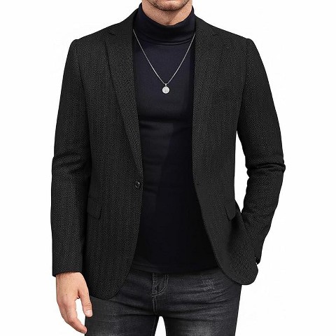 COOFANDY Men's Tweed Herringbone Blazer One Button Casual Sports Coats Slim Fit Suit Jackets Formal Dress Blazers Black M