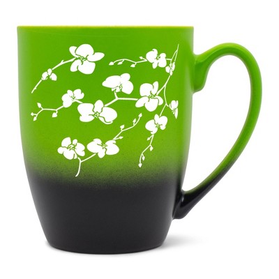 Elanze Designs Botanical Floral Nature Coffee Cup Mug 12 Ounce Ceramic With Ombre Gradient Elegant Minimalist Orchid Flower Silhouette Green and Black