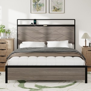 TiramisuBest Queen Size Wooden Platform Bed Frame, Storage, LED Headboard, 2 USB, Antique Grey, MDF+Metal, 83x60x48 inches, 70 lbs - 1 of 4