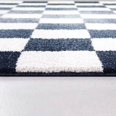 Blue and White Checkered Synthetic Area Rug 5'3" x 7'