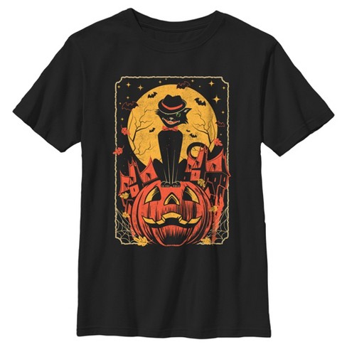 Boy's Lost Gods Halloween Retro Cat Scene T-shirt - Black - Medium : Target