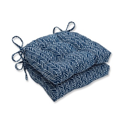 Set of 2 Indoor/Outdoor Herringbone Reversible Chair Pad Blue - Pillow Perfect