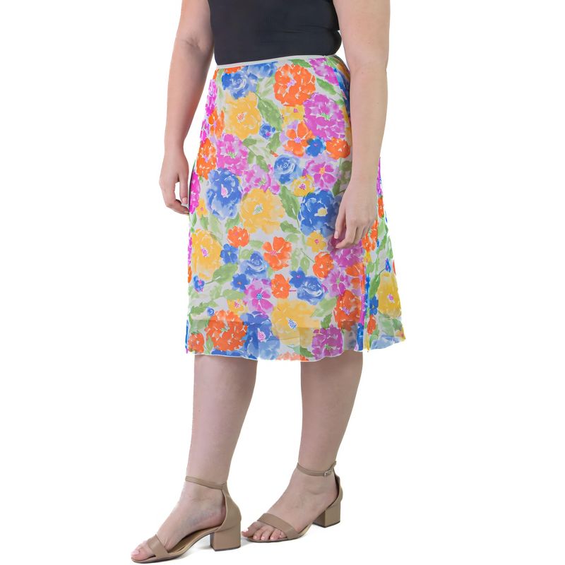 Plus Size Sheer Overlay Colorful Floral Elastic Waist Knee Length Skirt, 4 of 7