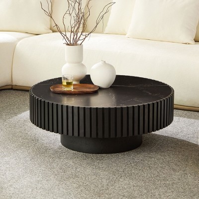 Sapphtopaz 35.43" Round Coffee Table with Fluted Design Wooden Coffee Table with Sintered Stone Tabletop Drum Center Table for Living Room