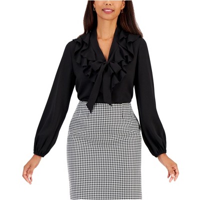 Kasper Womens Tie Neck Ruffled Blouse, Black, PM