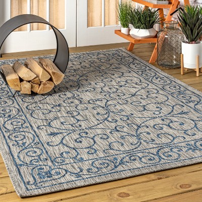 Charleston Gray and Navy Filigree Indoor/Outdoor Area Rug