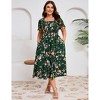 Womens Puff Sleeve Summer Floral Dress Plus Size Smocked Ruffle Square Neck Casual Dress Cute Midi Dress Dark Green Flower 4XL - 4 of 4