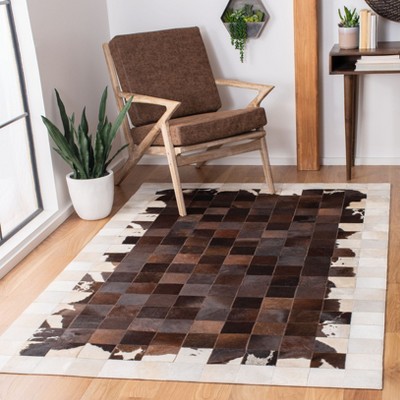 Ivory and Brown Hand-Knotted Geometric Cowhide Rug, 8' x 10'