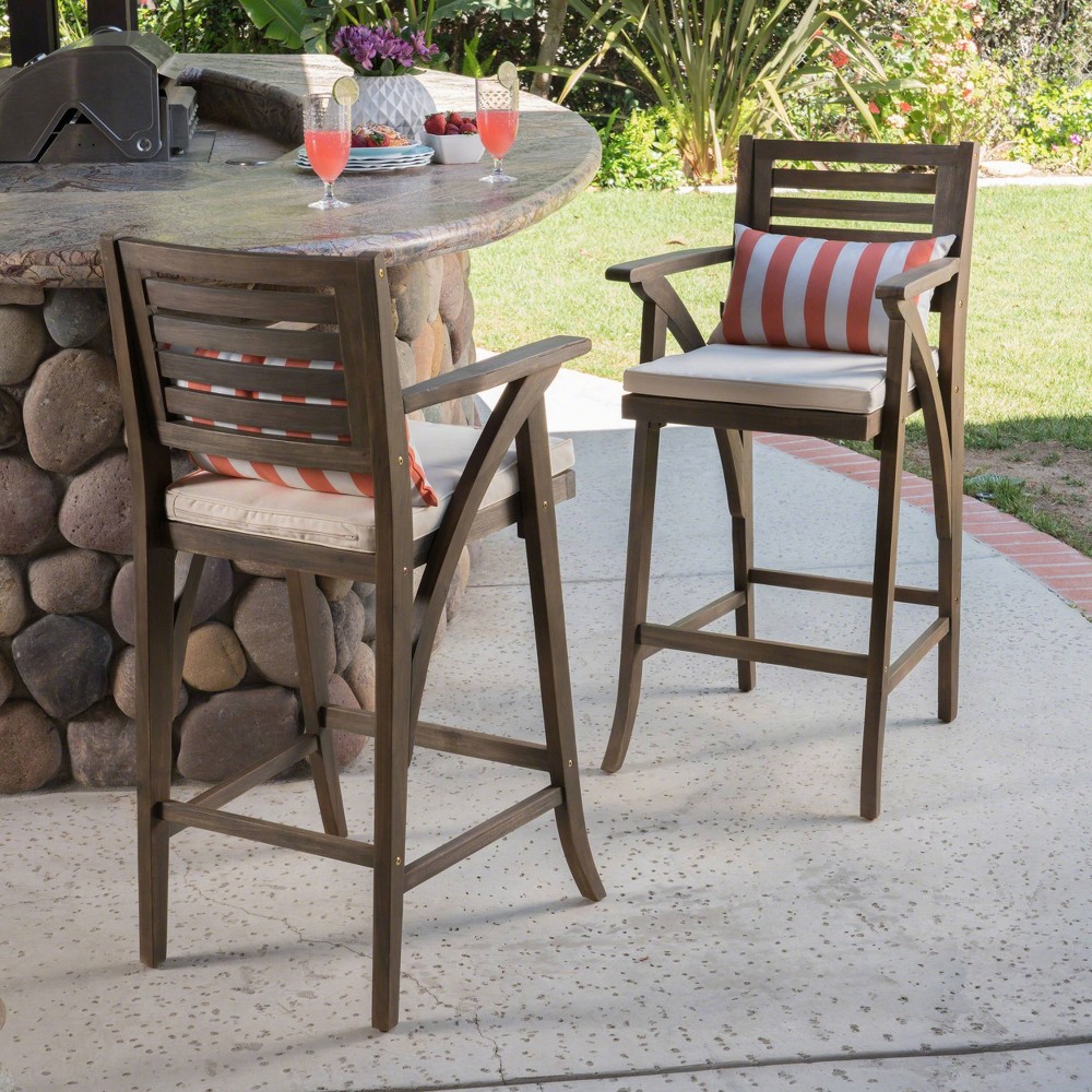 Photos - Garden Furniture Hermosa 2pk Acacia Wood Bar Stools - Gray/Cream - Christopher Knight Home