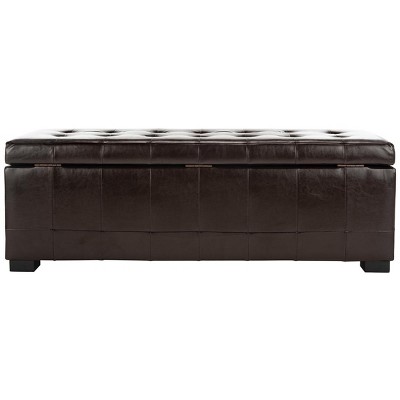 Large Brown Leather Storage Bench with Button Tufts