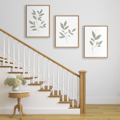 Modern Sage Green Botanical Print on Canvas with Natural Frame, 3 Piece Set