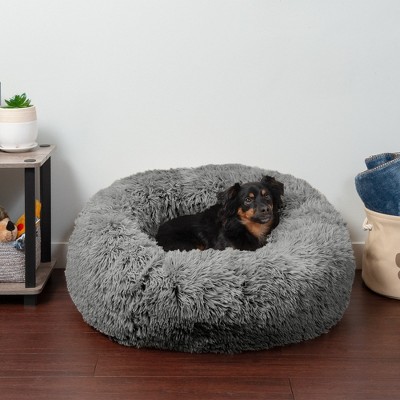 Medium Gray Faux Fur Orthopedic Donut Pet Bed