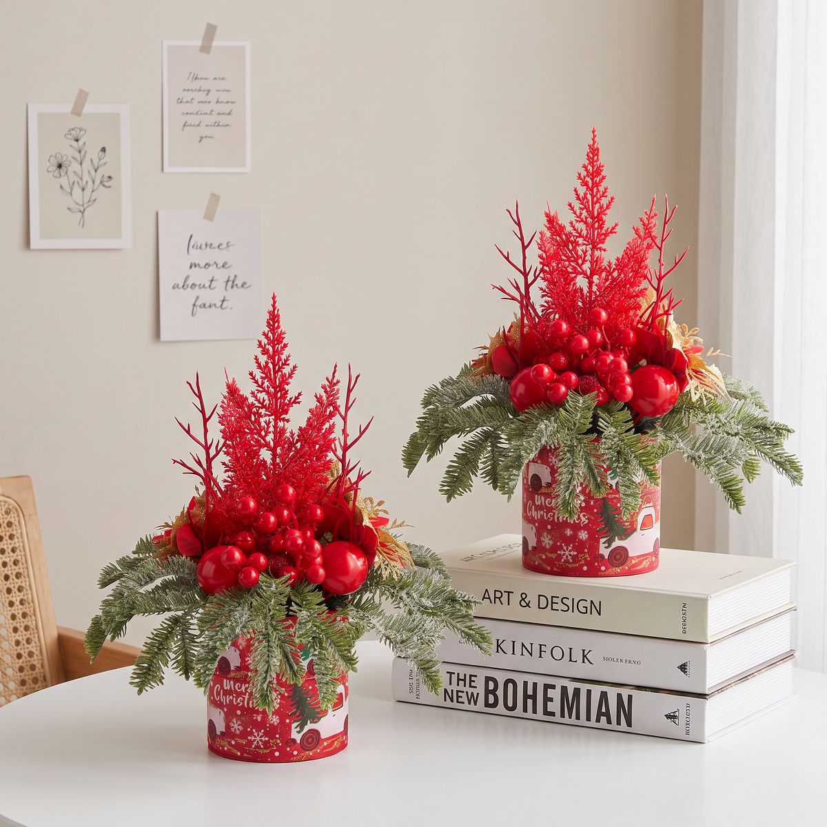 Mini Christmas Trees for Tabletop, Pre-Decorated Artificial Christmas Tree with Red Berries Ornaments, Small Potted Xmas Tree Desk Table Decor, 2 Pcs - thumbnail 3