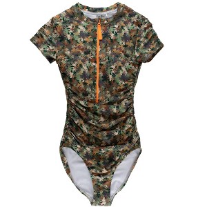 RuffleButts UPF50+ Women's Quarter Zip Short Sleeve One Piece Rash