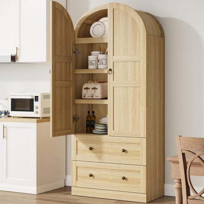 Homhougo 72" Tall Arched Kitchen Pantry Storage Cabinet, Modern Farmhouse Storage Cabinets with 2 Doors & Drawers Natural