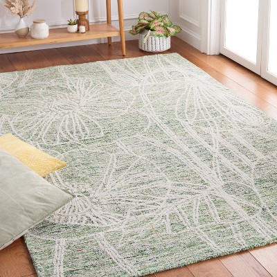 Green and Ivory Floral Hand-Tufted Wool Area Rug, 5' x 8'