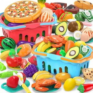 120PCS Cutting Play Food Set, Kitchen Pretend Toys with Storage Baskets, Fake Fruits Vegetables & Birthday Gift - 1 of 4