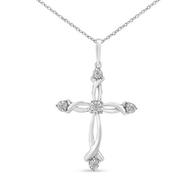 Haus of Brilliance Silver Round Cut Diamond Accent Cross Pendant Necklace