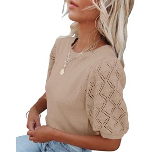 Women's Round Neck Short Sleeve Sweater Summer Casual Puff Sleeve Pullover Knit Top - 1 of 3