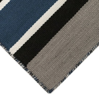 Navy and Gray Striped Synthetic Flat Woven Rug