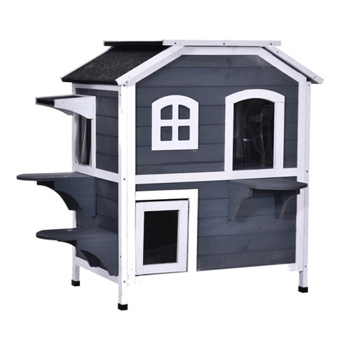 Pawhut Wooden 2-story Outdoor Cat House, Feral Cat Shelter Kitten Condo  With Escape Door, Openable Asphalt Roof And 4 Platforms, Gray : Target