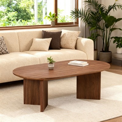 Homy Casa Oval Wooden Coffee Table with Wide Panel Legs for Living Room or Small Apartment, Walnut