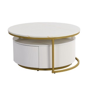 TiramisuBest 31.5" Round Fluted Coffee Table, Modern Nesting Table with Drawer in Black & Gold - 1 of 4