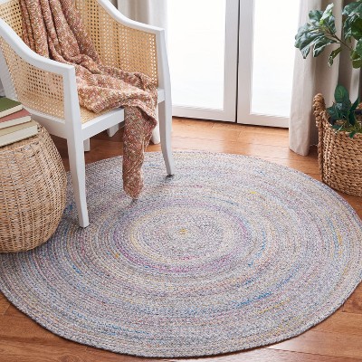 Handwoven Yellow and Grey Round Braided Rug, 5 ft