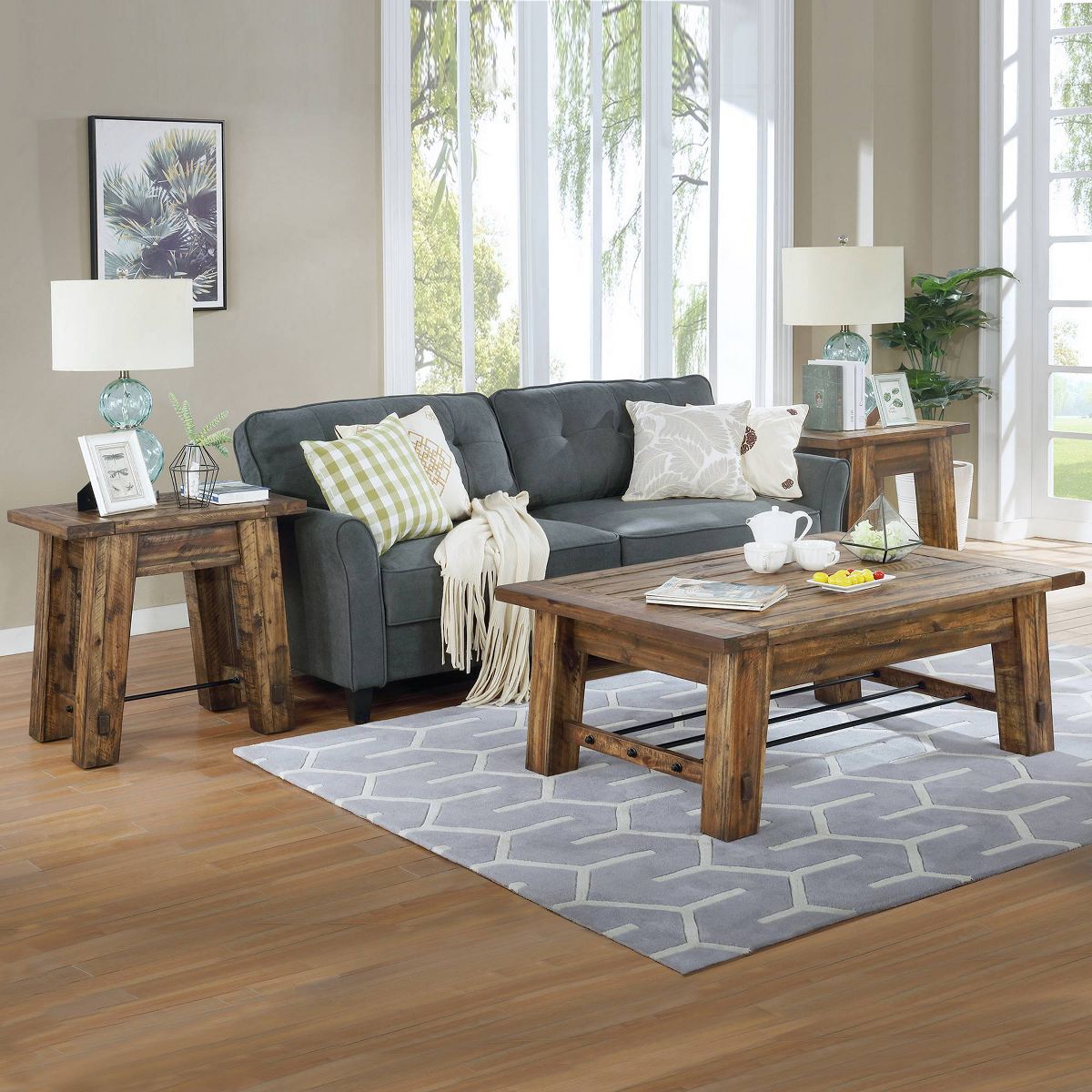 48" Durango Industrial Wood Coffee Table and 2 End Tables - Alaterre Furniture: 3-Piece Set, Nesting Side Design, Modern Stained Finish - thumbnail 2