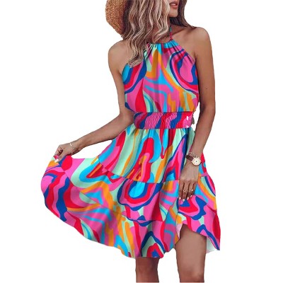 Womens Halter Summer Dress Open Back Sleeveless Flowy Mini Sundress A Line Shirred Waist Beach Dress Floral Boho Halter Dress