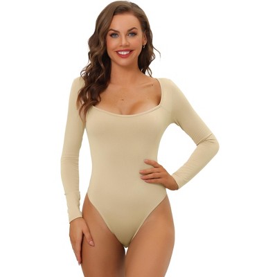 Allegra K Women's Long Sleeve Slim Fit Stretchy Square Neck Leotard  Jumpsuit Khaki Large