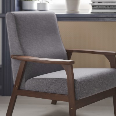 Gray Faux Linen Mid-Century Modern Accent Chair with Wooden Frame