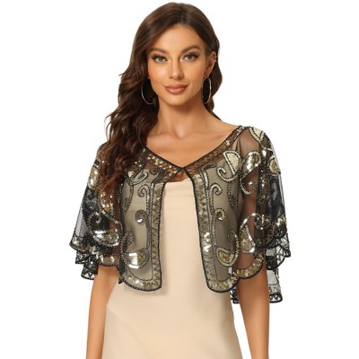 Allegra K Women's Sequin Beaded Bridal Cover-Up Evening Cape Flapper Bolero