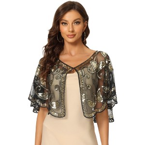 Allegra K Women's Sequin Beaded Bridal Cover-Up Evening Cape Flapper Bolero - 1 of 4