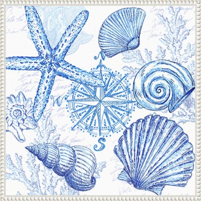 Blue Coastal Shells and Starfish Canvas Print with White Frame