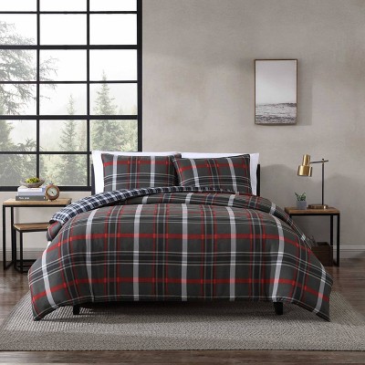 Eddie Bauer King Willow Plaid 100% Microfiber Duvet Set Gray: Includes 2 Pillow Shams, Hidden Button Closure