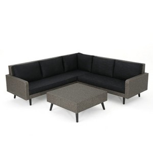 GDFStudio Hensley Outdoor Wicker 5 Seater V-Shape Sectional Sofa Chat Set with Cushions, Mixed Black/Dark Gray - 1 of 4