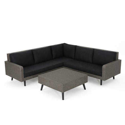 GDFStudio Hensley Outdoor Wicker 5 Seater V-Shape Sectional Sofa Chat Set with Cushions, Mixed Black/Dark Gray - image 1 of 4