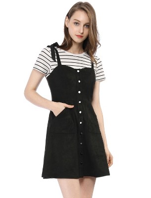 Allegra K Women's Strap Button Down Faux Suede A-Line Mini Overall Dress