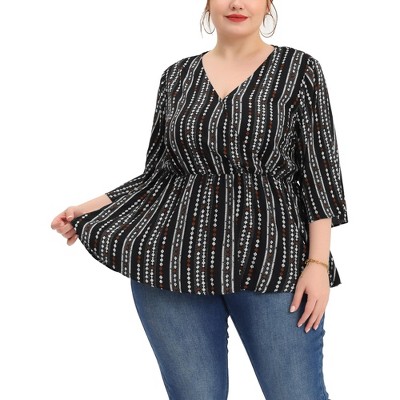 Agnes Orinda Women's Plus Size V Neck 3/4 Sleeve Boho Striped Peplum Babydoll Blouses