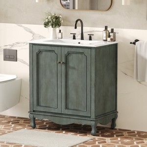 KWPZQEB 30" Bathroom Vanity with Ceramic Sink, Freestanding Vanity Cabinet with 2 Barn Doors & Antique Pulls, Wooden Bath Vanity Sink Combo - 1 of 4