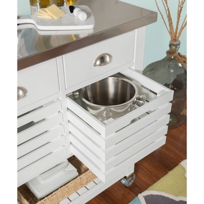 Farmhouse Charm White Stainless Steel Kitchen Cart with Butcher Block