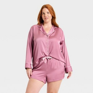Women's Luxury Collection Satin Notch Collar Long Sleeve Shirt and Shorts Pajama Set - Auden™ - 1 of 3