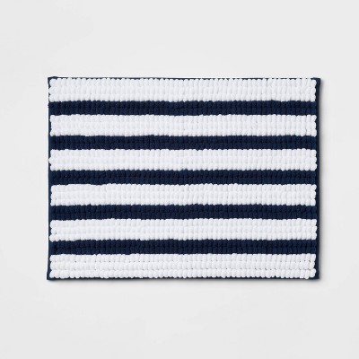 17"x24" Chunky Chenille Cushion Foam Bath Rug Navy Stripe - Room Essentials™: Tufted Memory Foam, Machine Washable