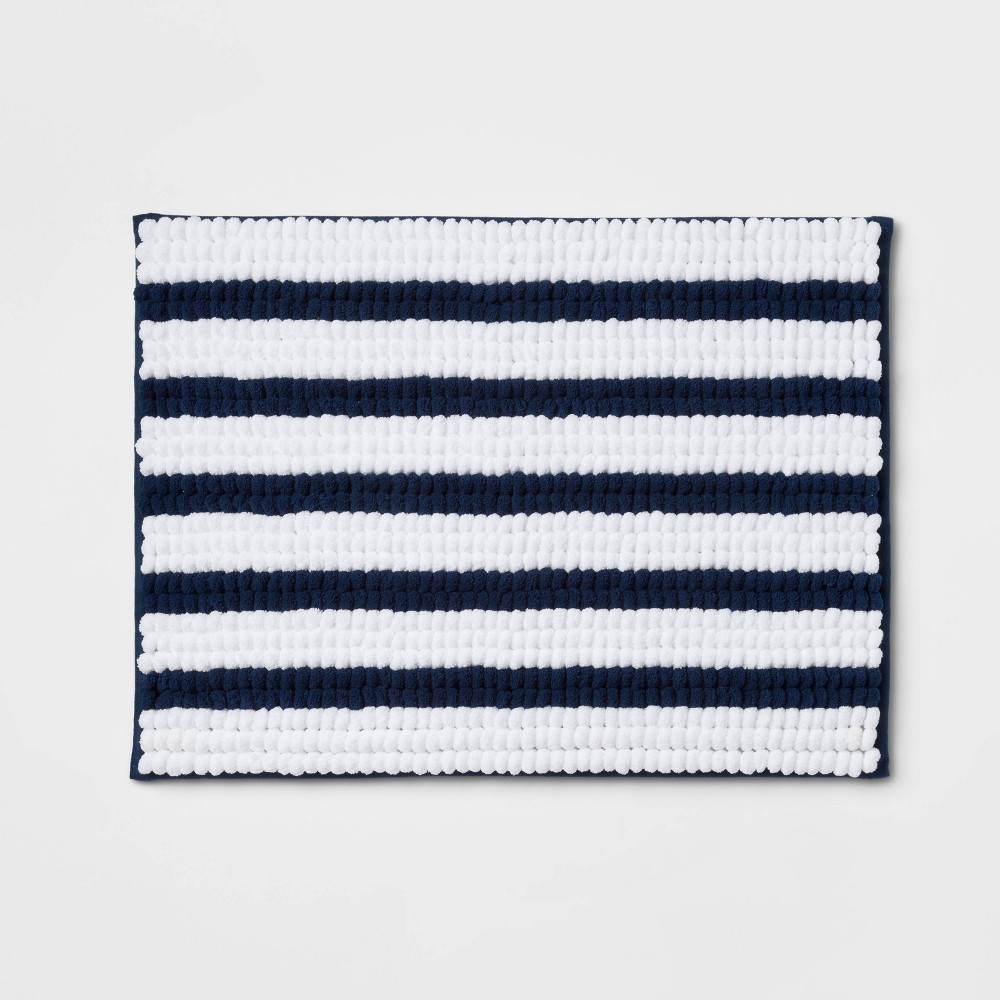 17inx24in Chunky Chenille Memory Foam Bath Rug Navy Stripe - Room Essentials™