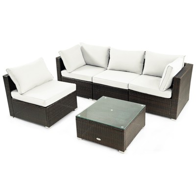 Tangkula 5PCS Rattan Patio Furniture Set Cushioned Sofa Chair Coffee Table Set Easy Assemble Red/Turquoise/White/Navy/Black