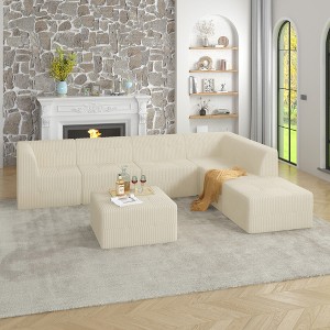 130.32" Modern Minimalist Corduroy L-Shape Modular Sectional Sofa, No Assembly Needed, 7-piece Free Combination Sofa - 1 of 4